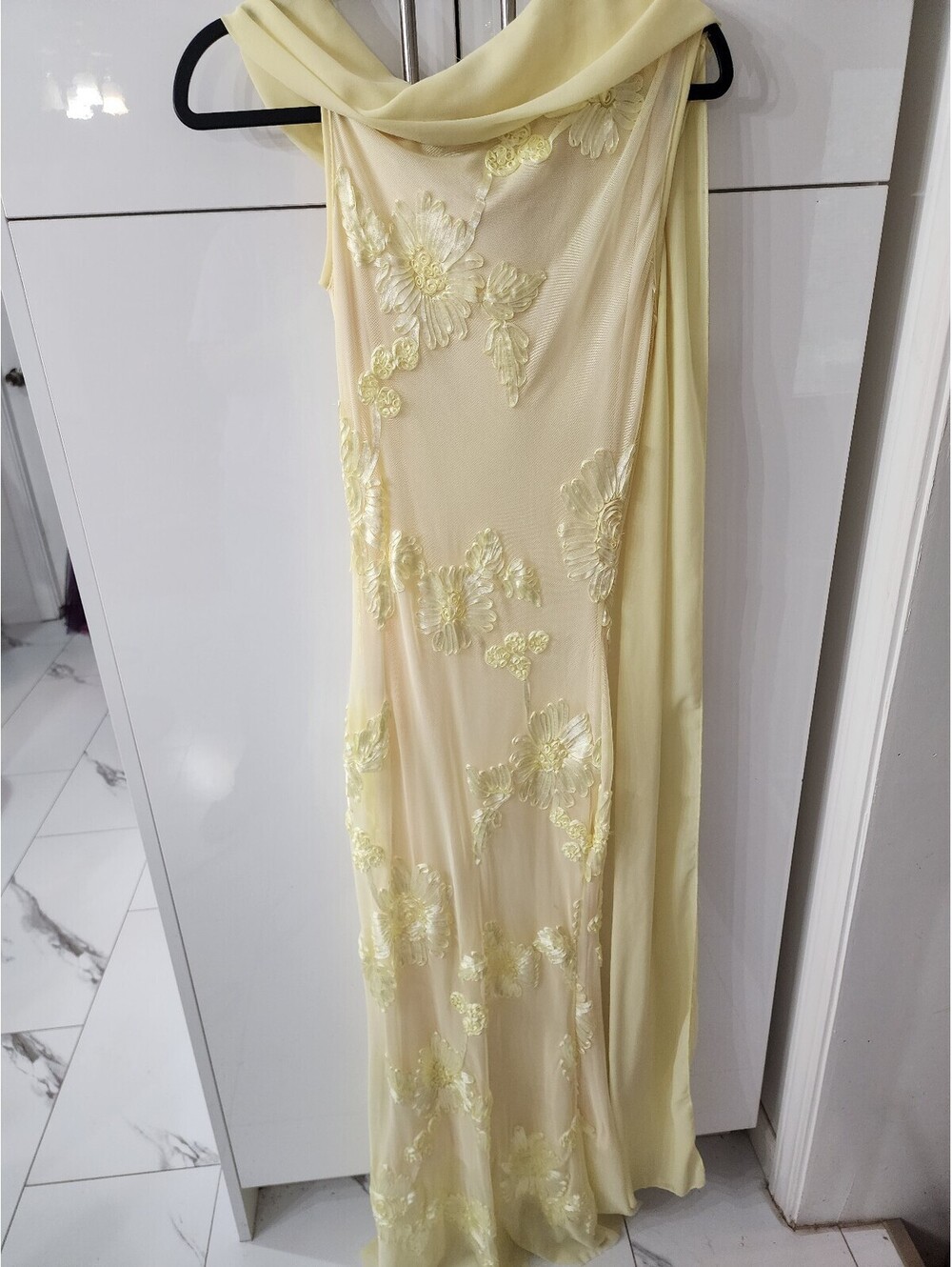 Elegant Yellow Floral Lace Evening Gown with Draped Neckline